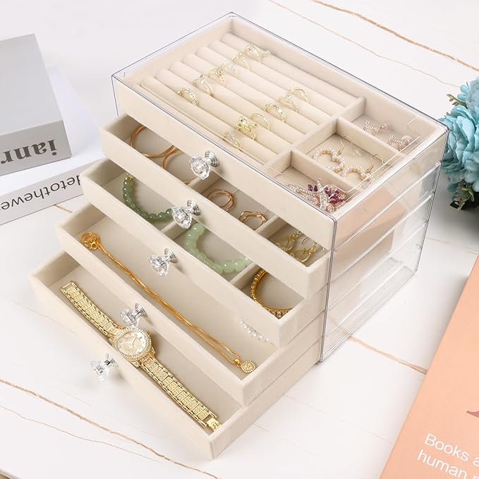 Hyber&Cara Luxury Acrylic Jewelry Box Organizer - 5 Drawers Velvet Lined Clear Stackable Storage for Earrings Necklaces Rings Bracelets Elegant Beige Dresser Top Vanity Display
