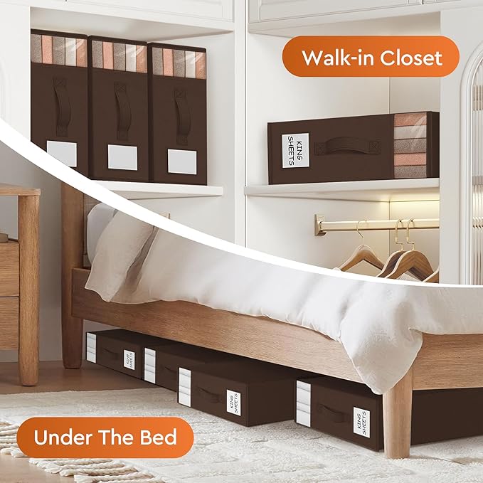 StorageTastic 2 Pack Bed Sheet Closet Organizers and Storage,Sturdy Foldable Storage Containers with Window and Label,Storage and Organization for Bedding Sheets,Duvet Covers,Blankets (Brown)