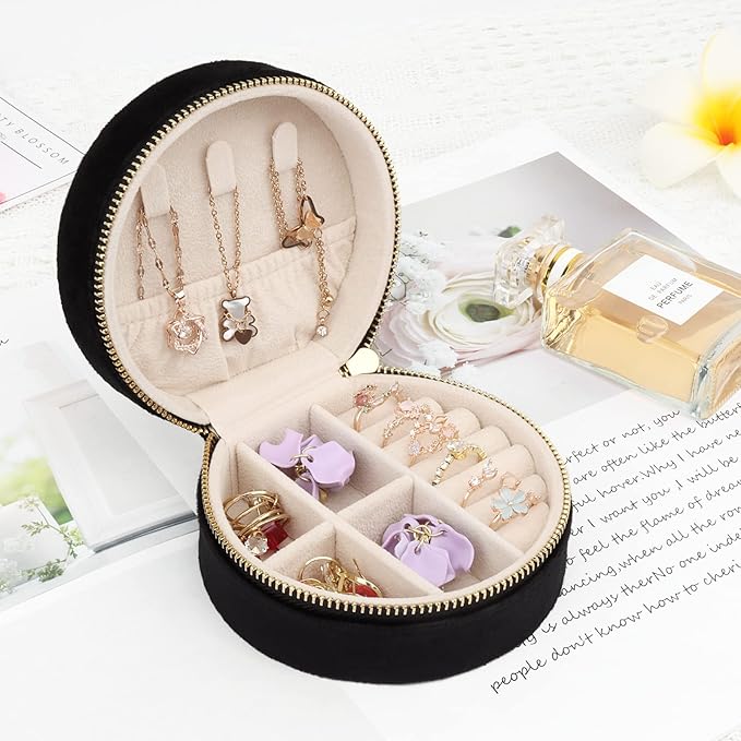 DesignSter Travel Jewelry Box - Velvet Mini Jewelry Organizer, Small Jewelry Case for Girls Women, Jewelry Storage Box for Rings Earrings Necklace (Circular, Black)