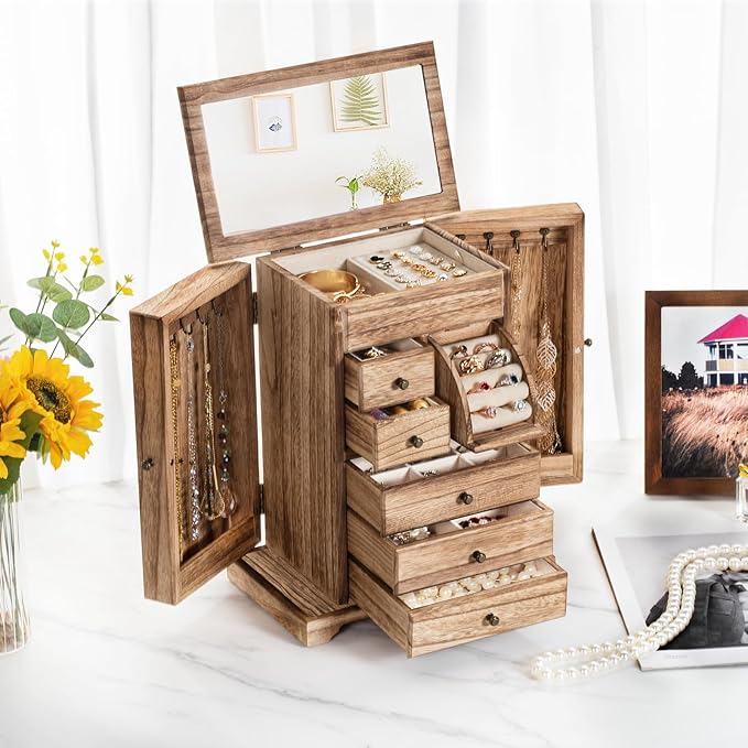Jewelry Box for Women, Rustic Wooden Jewelry Boxes & Organizers with Mirror & Drawers,6 Layer Jewelry Organizer Box for Rings Earrings Necklaces Bracelets (Carbonized Black)