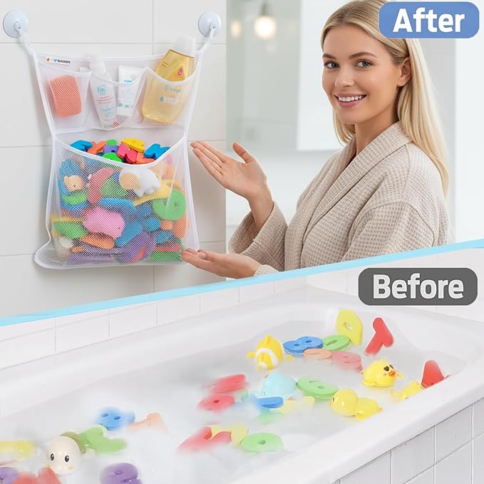 Bath Toy Storage Organizer – Large Mesh Bath Toy Holder & Bath Toy Net for Tub, Quick Dry Bathtub Bag with 2 Strong Suction Cups, 2 Adhesive Hooks, Quick-Dry Hanging Shower Cubby Basket, 14x20 Inch