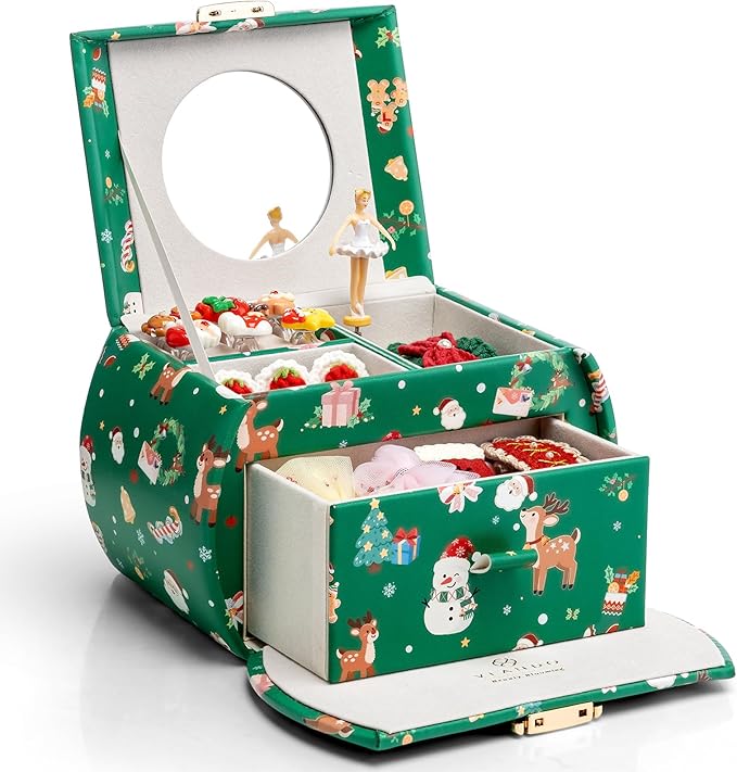 VLANDO Kids Musical Jewelry Box for Girls with Drawer, Music Box with Ballerina and Stickers for Birthday Bedroom Decor, Holidays Gifts for Girls Kids - Christmas Green