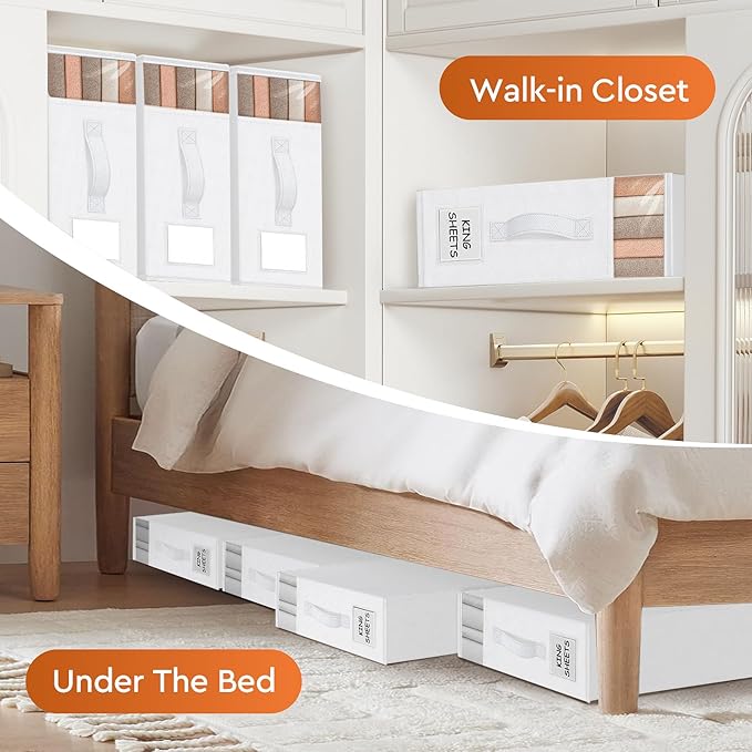 StorageTastic 6 Pack Bed Sheet Closet Organizers and Storage,Sturdy Foldable Storage Containers with Window and Label,Storage and Organization for Bedding Sheets,Duvet Covers,Blankets (White)