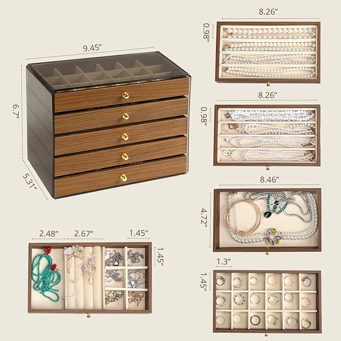 CLUQMEIK 5 Layer Large Wooden Jewelry Box with Acrylic Lid and Wooden Drawers, Stackable Jewelry Organizers and Storage Box for Women and Girls to Storing Rings Earrings Necklaces Bracelets
