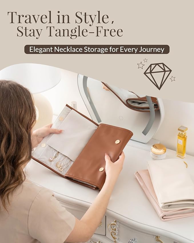 Lolalet Travel Necklace Organizer, Tangle-Free Necklace Case for Travel, Leather Foldable Roll Up Jewelry Storage Bag for Necklaces Chains Bracelets, Mothers Day Gift