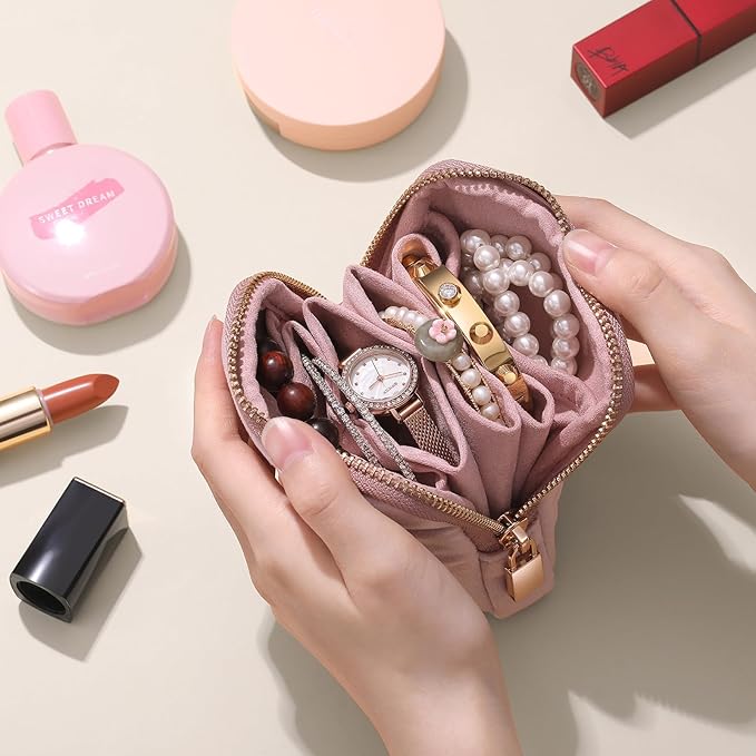 Small Travel Jewelry Case Set 2-in-1 Detachable Velvet Pouches, Portable Jewelry Organizer Bag for Rings Earrings Bracelets, Gift Box for Women (Blush Pink)