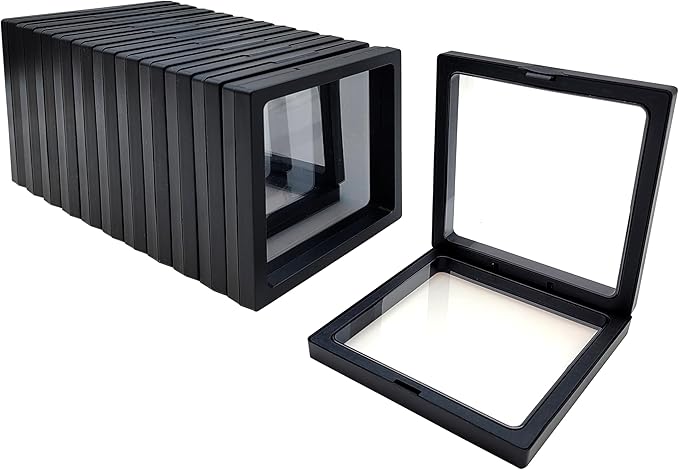 12PCS 3D Floating Frame Display Stand, Jewelry Box, Gift Box, Ornament Organizer, Small Travel Jewelry Box, PE Film Anti-Oxidation, Suspended Display Box Stackable (Black, 4.33 * 4.33)