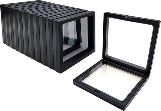 12PCS 3D Floating Frame Display Stand, Jewelry Box, Gift Box, Ornament Organizer, Small Travel Jewelry Box, PE Film Anti-Oxidation, Suspended Display Box Stackable (Black, 4.33 * 4.33)