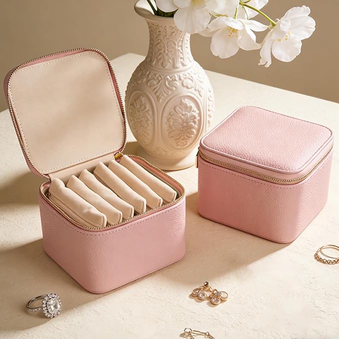 Travel Jewelry Organizer, Travel Jewelry Box with 6 Velvet Zipped Pouches Bags for Jewelries Necklaces Rings Earrings Sorting Storage for Women Girl Gifts, Blush