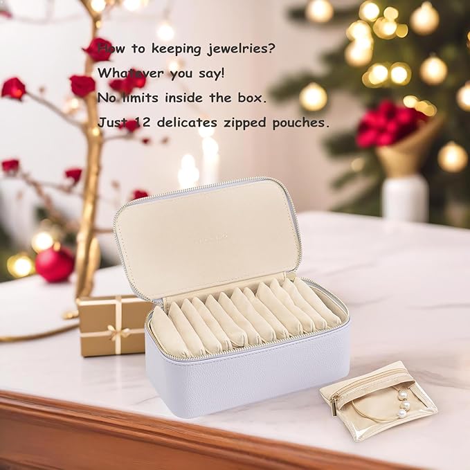 VLANDO Travel Jewelry Box Organizer – Portable PU Leather Jewelry Case with 6/8/12 Zippered Pouches, Compact Storage for Earrings Rings Necklaces Bracelets, Lilac Purple