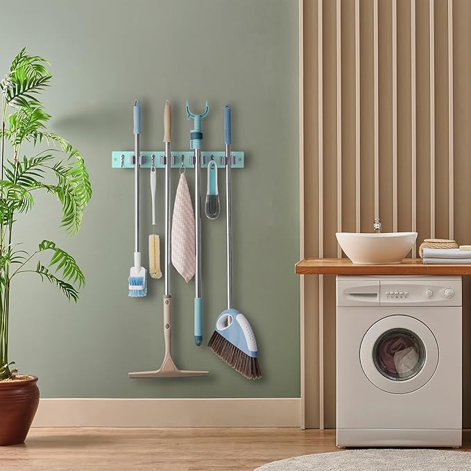 OUTNILI Turquoise Mop Broom Holder Wall Mount with 4 Slots & 4 Hooks - Wood Broom Mop Hanger for Pantry Closet Laundry Room Organization - for Teal Kitchen Decor and Accessories