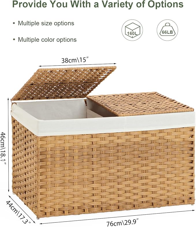SETVSON Storage Basket with Lid Wicker Baskets for Storage with 2 Separate Lid 42.3 Gallon (160 L) 29.9 x 17.3 x 18.1 Inches Rattan Woven Large Wicker Basket with 2 Liners for Bedroom Laundry Natural