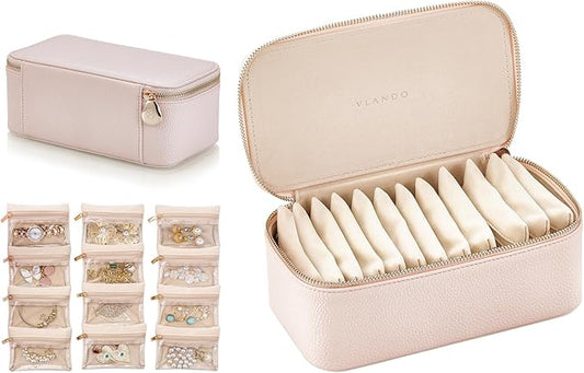 VLANDO Travel Jewelry Box Organizer – Portable PU Leather Jewelry Case with 6/8/12 Zippered Pouches, Compact Storage for Earrings Rings Necklaces Bracelets, Rosy Mauve