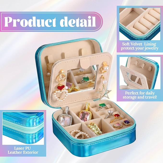 Nosiny 2 Pack Travel Jewelry Case with Mirror Small Laser Jewelry Box Organizer Gifts for Mother's Day Women Rings Earrings(Rose Red and Dark Blue)