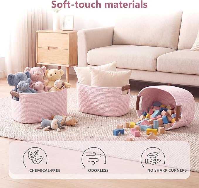 ECDYQXVU Cotton Rope Basket, Storage Baskets with Handle, 15x10x9 Inch Woven Basket for Shelves, Laundry, Towels, Clothes, Books (Light/Pink 2Pack)