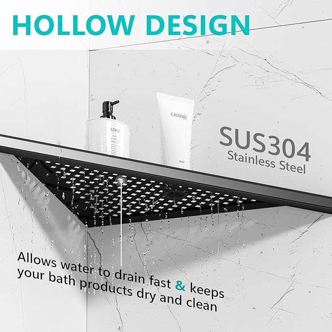 Qeke Bathroom Corner Shelf, Recessed 12" Shower Shelf Caddy, SUS304 Stainless Steel Shelf Wall Mount Triangular, No Drilling, Matte Black