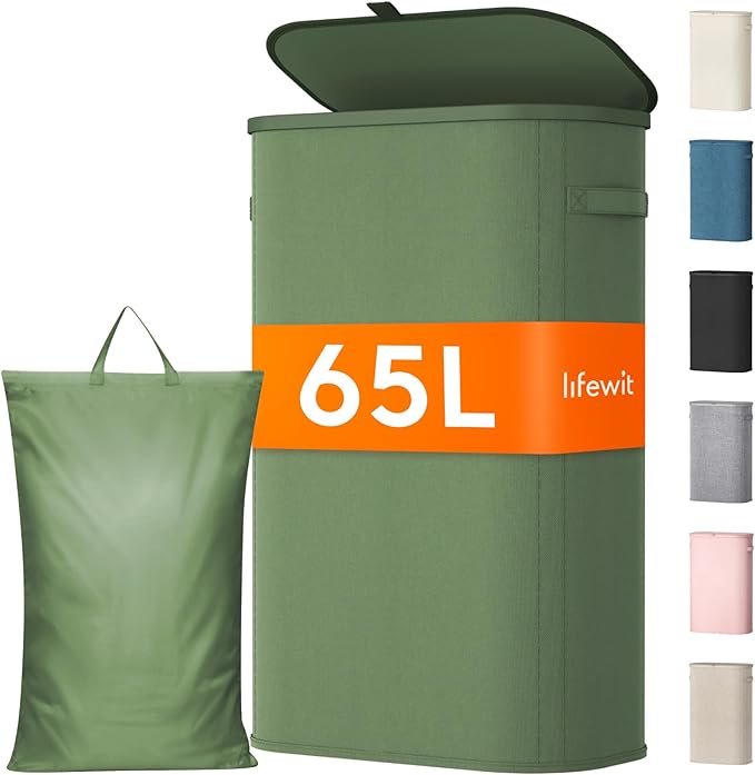 Lifewit Slim Laundry Basket with Lid, Narrow Large Laundry Hamper with Plastic Handles and Removable Bag, Tall Foldable Dirty Clothes Hampers for Laundry Room, Bedroom, Bathroom, Dorm, 65L Green