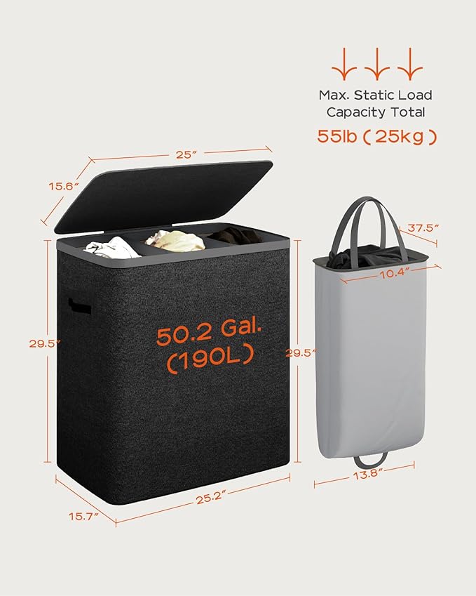 CASAMAYA Laundry Basket with Lid, Laundry Hamper 3 Section, 190L collapsible Laundry Organizer, Easy Assembly,with Handles and Removable Liners, 25.2 x 15.7 x 29.5 Inches, Black JSP904B