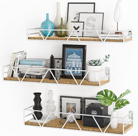 Amaoot Floating Shelves Set of 3, Home Wood Wall Shelf, Farmhouse Shelf for Bedroom, Wall Mounted Floating Shelf for Living Room, Bedroom, Bathroom, Kitchen, Office (White)