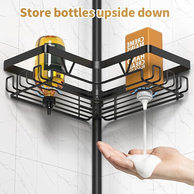 DAOYA Corner Shower Caddy - 4-Tier Shower Caddy Tension Pole with 2 Removable Soap holders Bathroom Shampoo Holder for Bathtub & Corner, Black, Floor to Ceiling 25-114.2 inch