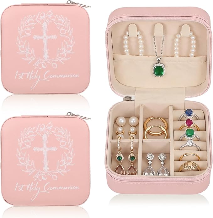 2 Pcs First Communion Travel Jewelry Box, Small Pink Case with Zipper & Soft Lining, Christian Keepsake Organizer for Rings Earrings Necklaces, Religious Keepsake Gift for Girls (2, Pink)