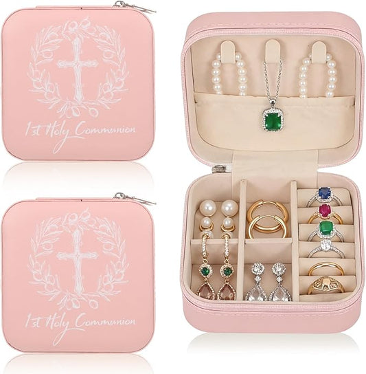 2 Pcs First Communion Travel Jewelry Box, Small Pink Case with Zipper & Soft Lining, Christian Keepsake Organizer for Rings Earrings Necklaces, Religious Keepsake Gift for Girls (2, Pink)