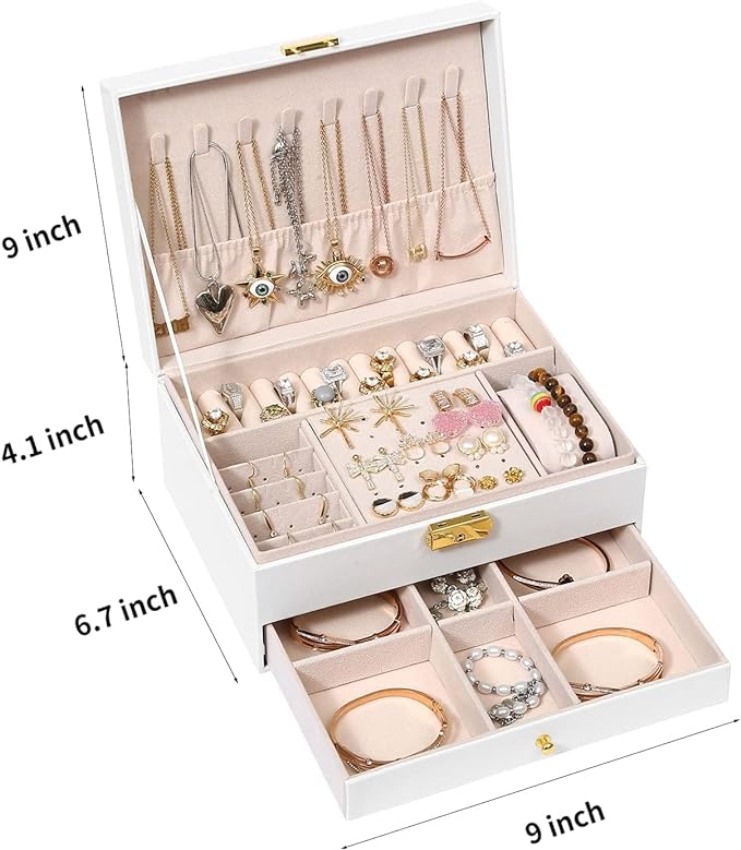 GUOER Jewelry Box for Women Girl Wife - Large PU Leather Jewelry Organizer Storage Case with Two Layers Display for Earrings Bracelets Rings Watches Mother's Day (White)