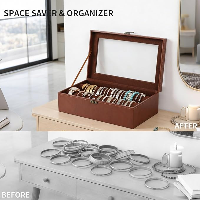 AUTOARK Bracelet & Watch Storage Box with Glass Lid & 2 Anti-Roll Rods,PU Leather Jewelry Case,Soft Lined Locking Organizer for Women,Gift for Dresser & Cabinet Display,Coffee,MKAW143