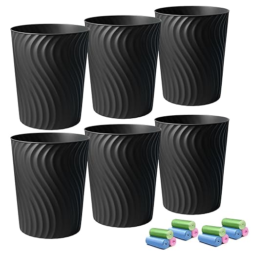 YGJT Small Trash Can, 6 Pack 1.8 Gallons Bathroom Trash Can, Slim Waste Basket, Round Garbage Can, Plastic Trash Bin for Kitchen, Dorm, Bedroom, Office, Living Room, Study, Compact Spaces(Black)