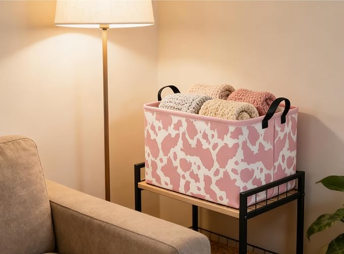 Rectangular Cow Baskets Pink Basket Cute Storage Bins Organizer Box Girls Room Decor for Home.(Pink cow)