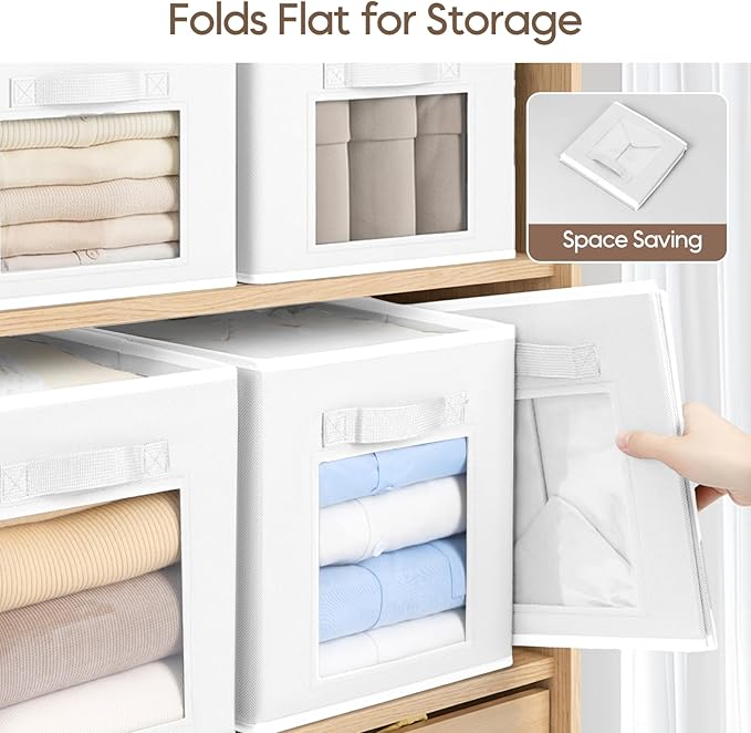 Homsorout Storage Cube 11 Inch - Cube Storage Bins with Window, Closet Storage Baskets with Handle, Fabric Bins for Closet, Shelves, Toys, Clothes, Set of 6, White