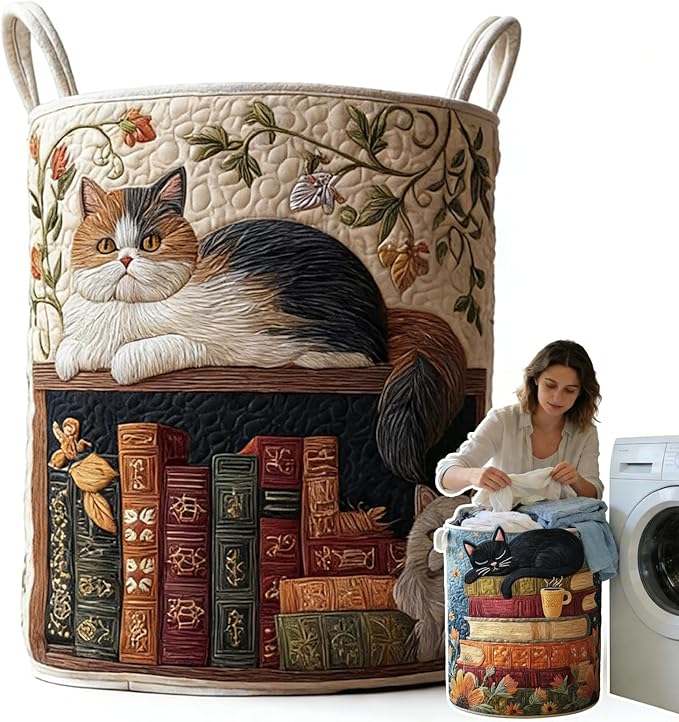 Cat Quilted Laundry Basket - 18"/22"/28", 2026 Large Quilted Cat Laundry Basket with Handles, Cozy Cat Fabric Storage Hamper for Nursery, Bedroom, Laundry Room, Clothes & Toys (3, L 20"X28”)