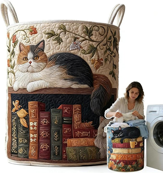 Cat Quilted Laundry Basket - 18"/22"/28", 2026 Large Quilted Cat Laundry Basket with Handles, Cozy Cat Fabric Storage Hamper for Nursery, Bedroom, Laundry Room, Clothes & Toys (3, M 16"X22")