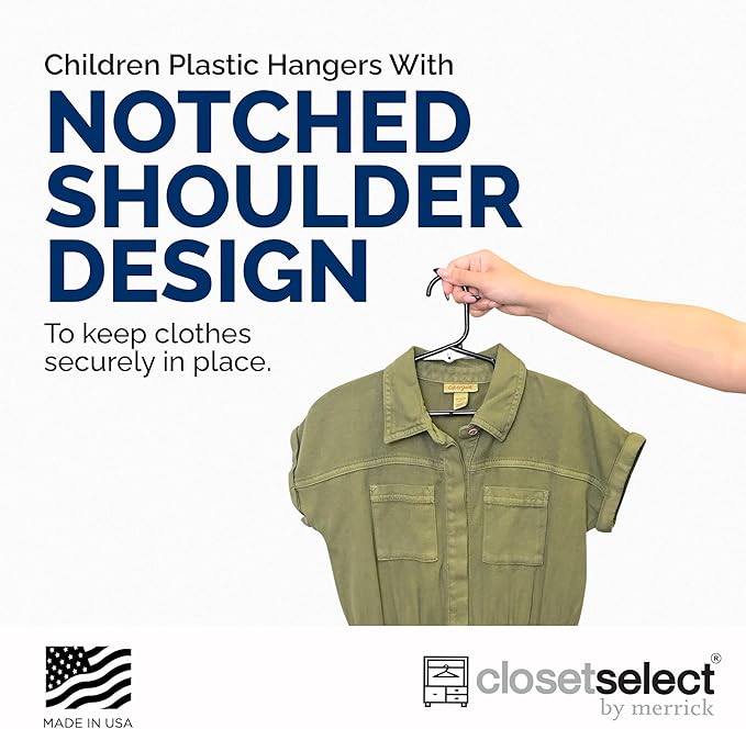Closetselect Childrens Hangers 30 Pack - 11.75 Inch Plastic Kids Hangers for Closet, Baby Hangers for Children Clothes Sizes 0 to 8, Non-Slip Infant Hangers with Shoulder Grooves, Made in USA | Black