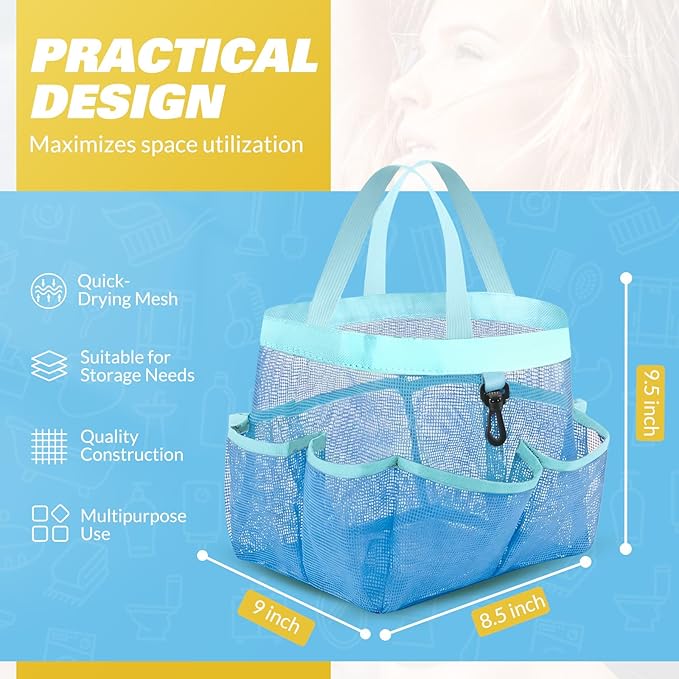 LOYEE Mesh Shower Caddy Portable for College Dorm Room Essentials with 8 Pockets, Shower Bag for Beach, Swimming, Gym, Travel, Bathroom(All blue)