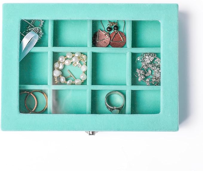 Frebeauty Jewelry Organizer Tray with Clear Lid 12 Grid Velvet Drawer Insert Jewelry Box with Transparent lid Jewelry Display Case Store Showcase Jewelry Box Gift for Women(Turquoise,12 Grid)