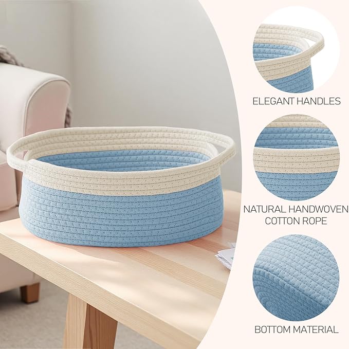 JMvicyroam Woven Basket,Small Rope Storage Bin with Handles & Ribbon Bag, Organizer for Shelves Closets,Gift Basket Empty for Birthday,Books,Dog Toys, White&Blue