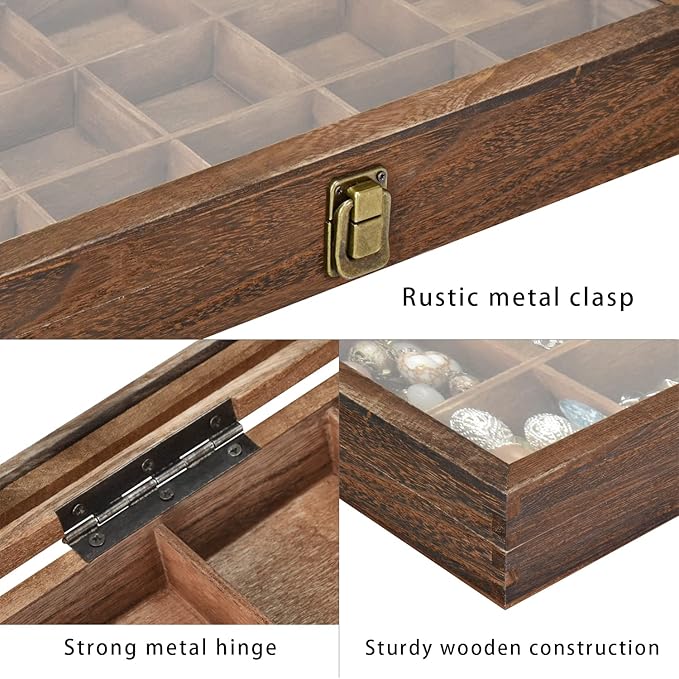 MOOCA Wooden Jewelry Display and Beads Display Storage Case with Tempered Glass Lid , 18 Compartments, 15" W x 8 3/8" L x 2 1/8" H, Brown Color