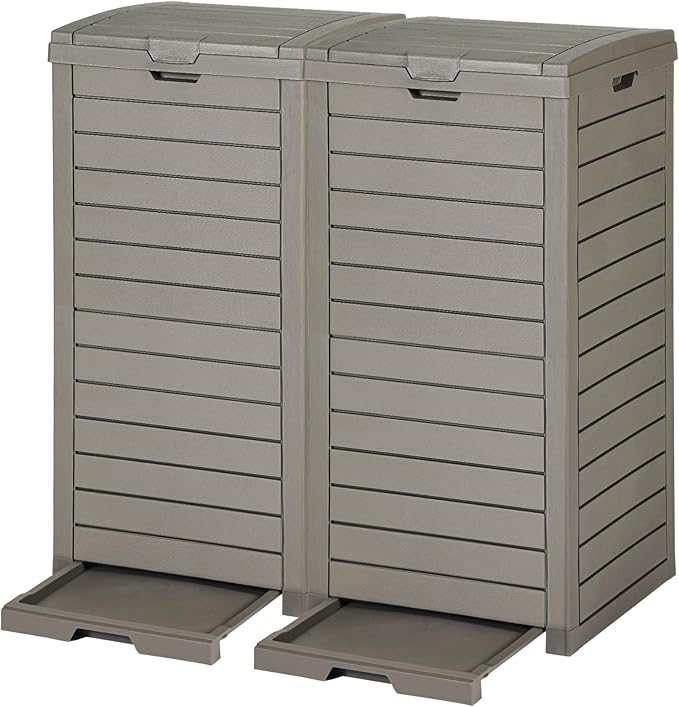 DWVO 38 Gallon Large Outdoor Trash Can, 2-Pack Waterproof Resin Hideaway Garbage Bin with Lid and Drip Tray, Outside Trash Bin for Porch, Backyard, Deck, Patio, Poolside, Easy to Clean, Taupe