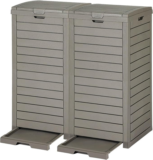 DWVO 38 Gallon Large Outdoor Trash Can, 2-Pack Waterproof Resin Hideaway Garbage Bin with Lid and Drip Tray, Outside Trash Bin for Porch, Backyard, Deck, Patio, Poolside, Easy to Clean, Taupe