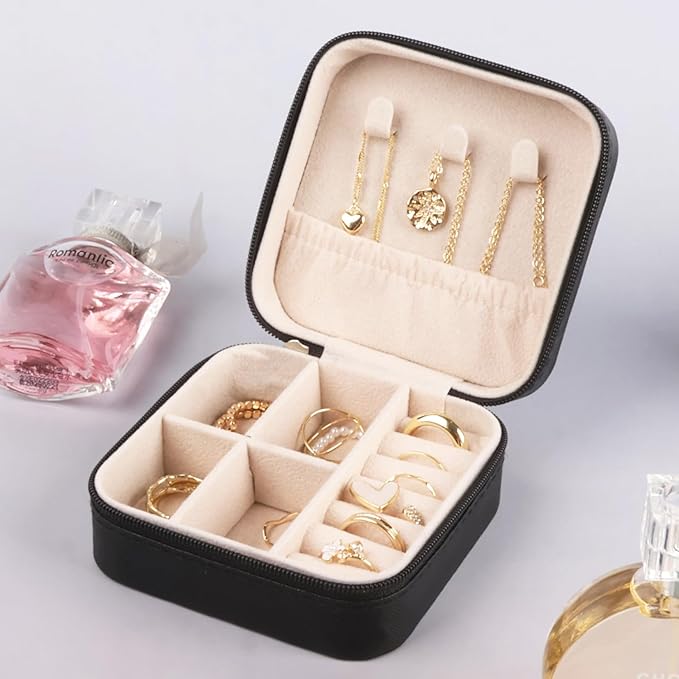 Travel jewelry case,Small Jewelry Box Organizer with Mirror, Gift for Women Girls,3.9"x3.9",Black,1Pack