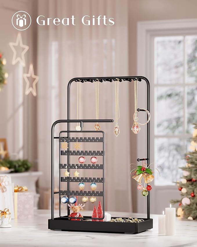ProCase Jewelry Stand Holder Organizer, Jewelry Display Storage with Ring Tray, Rotating Earring Bracelet Necklace Holder, Valentine's Gifts Room Dorm Decor for Teen Girls -Black (No-Assembly)