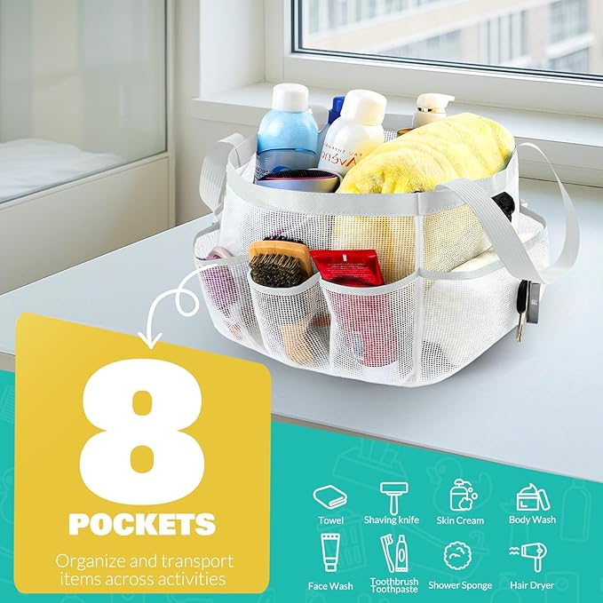 LOYEE Mesh Shower Caddy Portable for College Dorm Room Essentials with 8 Pockets, Shower Bag for Beach, Swimming, Gym, Travel, Bathroom(All white)