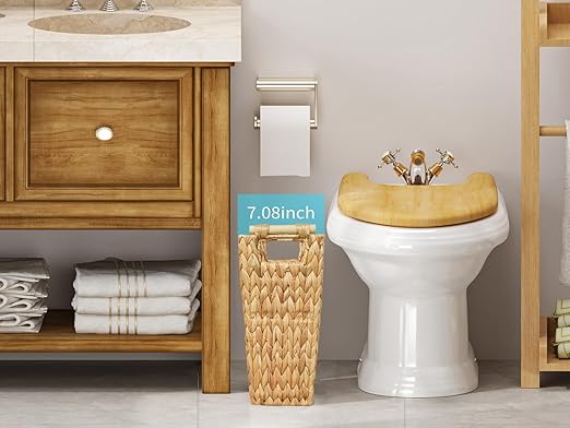 Coeusy 6 Gallon Wicker Trash Can with Wooden Handle,Wicker Waste Basket for Bathroom,Bedroom,Large Narrow Water Hyacinth Trash Basket,Rattan Boho Decor Farmhouse Bathroom Trash Can
