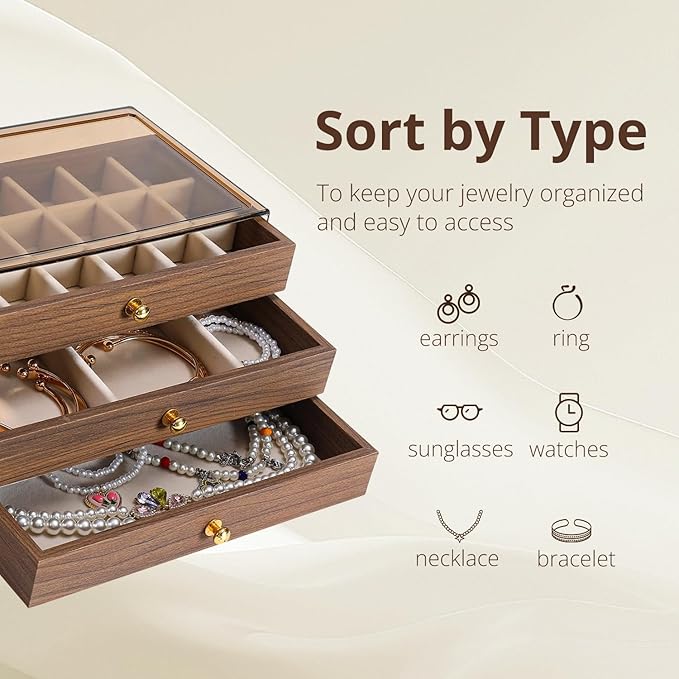 3 Layer Wooden Drawers Jewelry Box Vintage Style Jewelry Organizer with Acrylic Cover, Jewelry Storage Display Box for Ring Earrings Necklace Bracelet Box for Women and Girls(Walnut Color) (A)