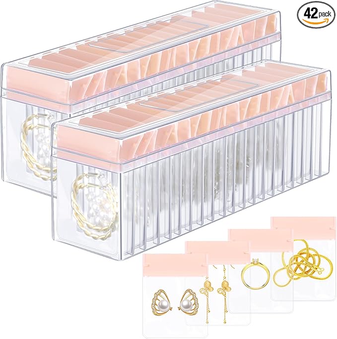 Kenning 42 Pcs Acrylic Jewelry Case Organizer, Clear Jewelry Organizers Holder with Portable Anti Tarnish Storage Bags for Rings, Earrings, Necklaces, Ideal Gifts for Women (Rose Pink)