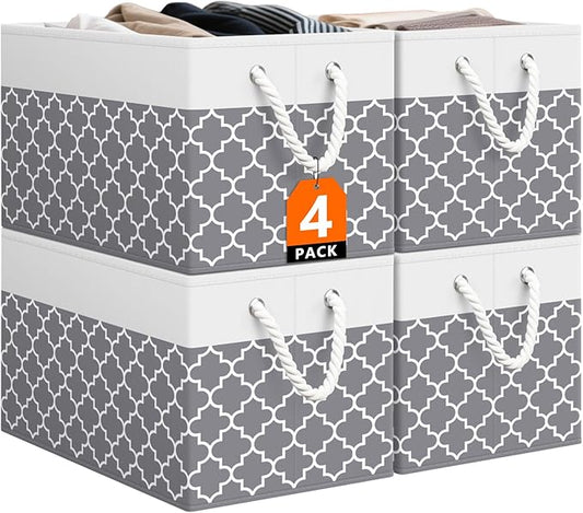 StorageTastic Storage Bin,Collapsible Storage Basket For Organizing,Large Storage Boxes With Rope Handles,Storage Containers,Clover Grey,4 Pack