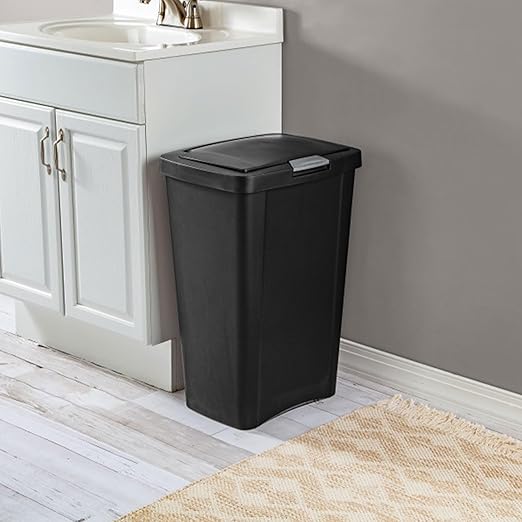 Sterilite 13 Gallon TouchTop Narrow Plastic Wastebasket with Secure Titanium Latch for Kitchen, Bathroom, and Office Use, Black (8 Pack)