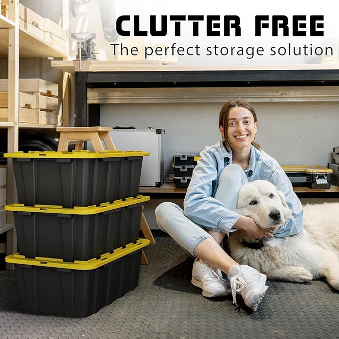 8 PACK Medium Black & Yellow Storage Bins | Plastic Tote Organizing Container with Secure Latching Lids, Stackable, Extra Strength with Built in Handle | Black and Yellow Bins | 24.5" x 16.5" x 9"