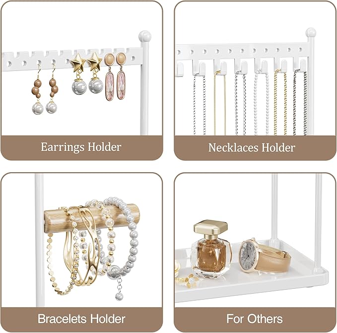 3 Tier white Jewelry Stand, Necklace Organizer, Earring Holder with 44 Holes and 9 Hooks, for Necklaces, Bracelets, Rings
